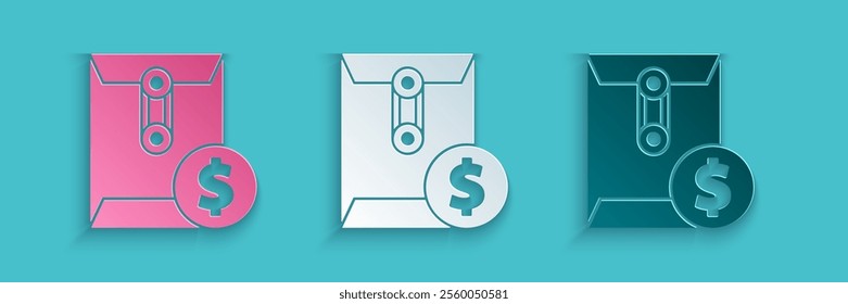 Paper cut Envelope with coin dollar symbol icon isolated on blue background. Salary increase, money payroll, compensation income. Paper art style. Vector Illustration