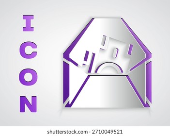 Sobre de papel con el icono del símbolo del dólar de la moneda aislado en fondo gris. Aumento salarial, nómina de dinero, ingresos de compensación. Estilo de arte de papel. Vector