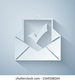 Paper cut Envelope with document and check mark icon on grey background. Successful e-mail delivery, email delivery confirmation, successful verification concepts. Paper art style. Vector Illustration