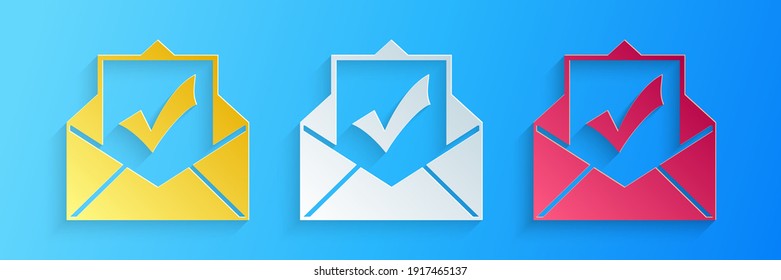 Paper cut Envelope with document and check mark icon isolated on blue background. Successful email delivery confirmation, successful verification concept. Paper art style. Vector.