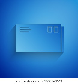 Paper cut Envelope icon isolated on blue background. Email message letter symbol. Paper art style. Vector Illustration
