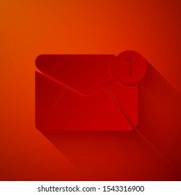 Paper cut Envelope icon isolated on red background. Received message concept. New, email incoming message, sms. Mail delivery service. Paper art style. Vector Illustration
