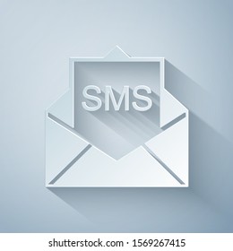 Paper cut Envelope icon isolated on grey background. Received message concept. New, email incoming message, sms. Mail delivery service. Paper art style. Vector Illustration