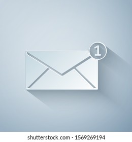 Paper cut Envelope icon isolated on grey background. Received message concept. New, email incoming message, sms. Mail delivery service. Paper art style. Vector Illustration