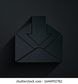 Paper cut Envelope icon isolated on black background. Received message concept. New, email incoming message, sms. Mail delivery service. Paper art style. Vector Illustration