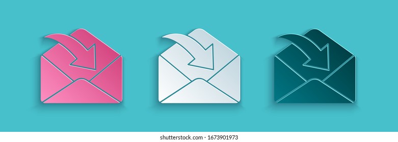 Paper cut Envelope icon isolated on blue background. Received message concept. New, email incoming message, sms. Mail delivery service. Paper art style. Vector Illustration