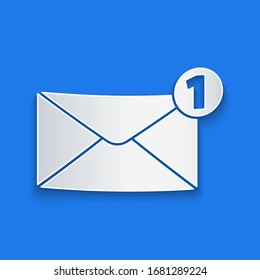 Paper cut Envelope icon isolated on blue background. Received message concept. New, email incoming message, sms. Mail delivery service. Paper art style. Vector Illustration