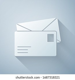 Paper cut Envelope icon isolated on grey background. Email message letter symbol. Paper art style. Vector Illustration