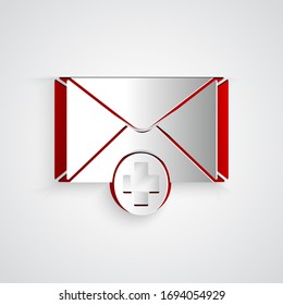 Icono de envoltura de papel aislado en fondo gris. Concepto de mensaje recibido. Nuevo mensaje entrante de correo electrónico, sms. Servicio de entrega de correo. Estilo de arte de papel. Ilustración vectorial