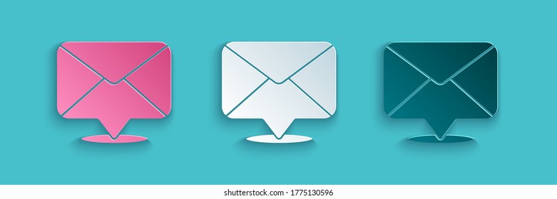 Paper cut Envelope icon isolated on blue background. Email message letter symbol. Paper art style. Vector Illustration