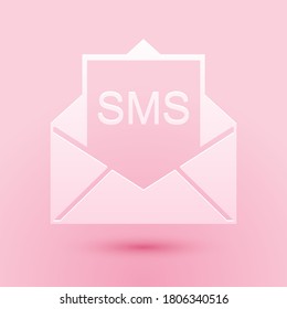 Paper cut Envelope icon isolated on pink background. Received message concept. New, email incoming message, sms. Mail delivery service. Paper art style. Vector.
