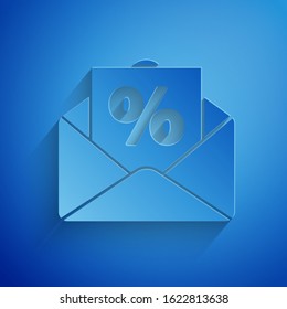 Paper cut Envelope with an interest discount from the store icon isolated on blue background. Paper art style. Vector Illustration