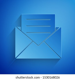 Paper cut Envelope with invitation card icon isolated on blue background. Paper art style. Vector Illustration