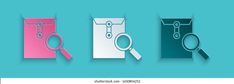 Paper cut Envelope mail with magnifying glass icon isolated on blue background. Paper art style. Vector Illustration