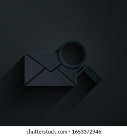 Paper cut Envelope mail with magnifying glass icon isolated on black background. Paper art style. Vector Illustration