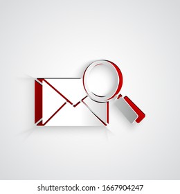 Paper cut Envelope mail with magnifying glass icon isolated on grey background. Paper art style. Vector Illustration