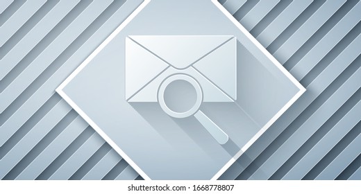 Paper cut Envelope mail with magnifying glass icon isolated on grey background. Paper art style. Vector Illustration