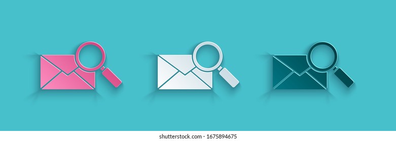 Paper cut Envelope mail with magnifying glass icon isolated on blue background. Paper art style. Vector Illustration
