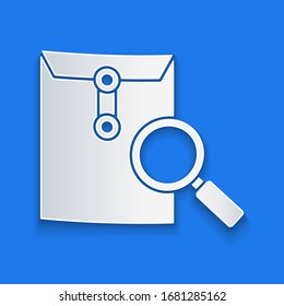 Paper cut Envelope mail with magnifying glass icon isolated on blue background. Paper art style. Vector Illustration