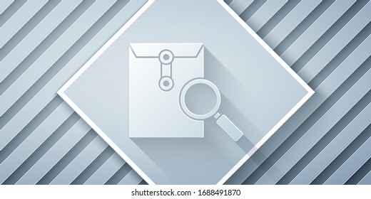 Paper cut Envelope mail with magnifying glass icon isolated on grey background. Paper art style. Vector Illustration