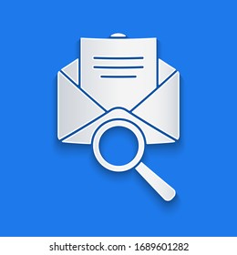 Paper cut Envelope mail with magnifying glass icon isolated on blue background. Paper art style. Vector Illustration