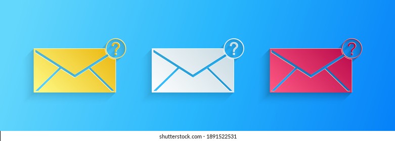 Paper cut Envelope with question mark icon isolated on blue background. Letter with question mark symbol. Send in request by email. Paper art style. Vector.