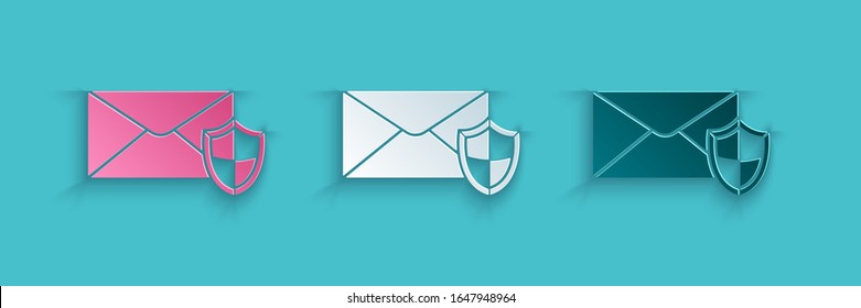 Paper cut Envelope with shield icon isolated on blue background. Insurance concept. Security, safety, protection, protect concept. Paper art style. Vector Illustration