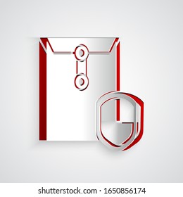 Paper cut Envelope with shield icon isolated on grey background. Insurance concept. Security, safety, protection, protect concept. Paper art style. Vector Illustration
