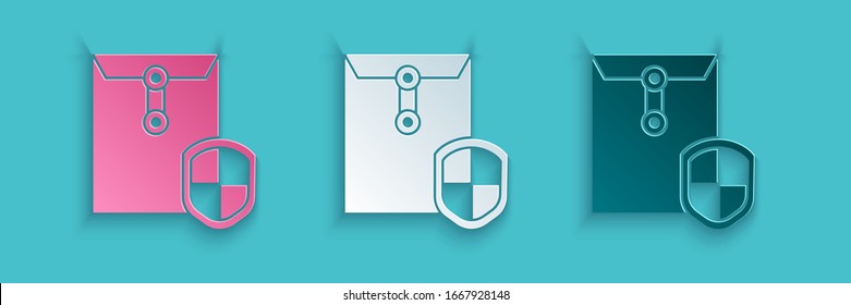 Paper cut Envelope with shield icon isolated on blue background. Insurance concept. Security, safety, protection, protect concept. Paper art style. Vector Illustration