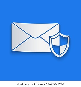 Paper cut Envelope with shield icon isolated on blue background. Insurance concept. Security, safety, protection, protect concept. Paper art style. Vector Illustration