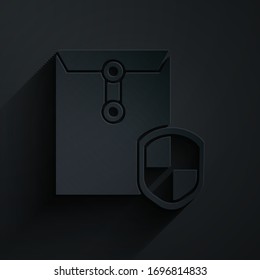 Paper cut Envelope with shield icon isolated on black background. Insurance concept. Security, safety, protection, protect concept. Paper art style. Vector Illustration