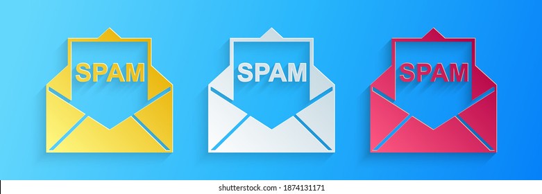 Papier geschnitten Umschlag mit Spam-Symbol einzeln auf blauem Hintergrund. Konzept von Virus, Piraterie, Hacking und Sicherheit. Kunststil aus Papier. Vektorgrafik.