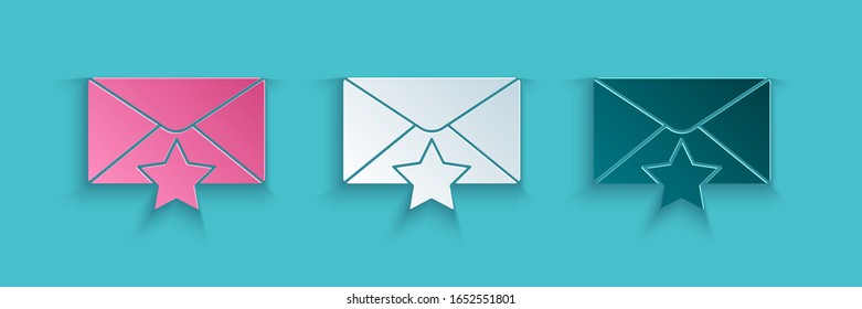 Paper cut Envelope with star icon isolated on blue background. Important email, add to favourite icon. Starred message mail. Paper art style. Vector Illustration