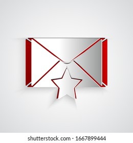 Paper cut Envelope with star icon isolated on grey background. Important email, add to favourite icon. Starred message mail. Paper art style. Vector Illustration