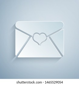 Paper cut Envelope with Valentine heart icon isolated on grey background. Letter love and romance. Paper art style. Vector Illustration