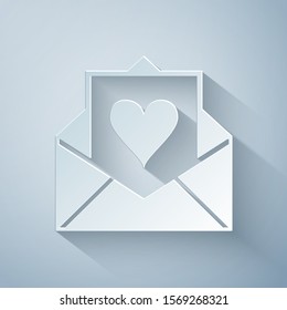 Paper cut Envelope with Valentine heart icon isolated on grey background. Letter love and romance. Paper art style. Vector Illustration