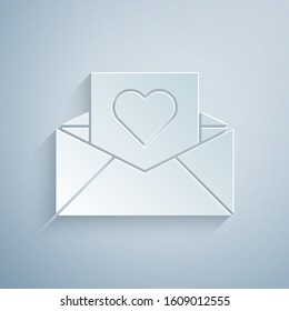Paper cut Envelope with Valentine heart icon isolated on grey background. Message love. Letter love and romance. Paper art style. Vector Illustration