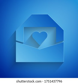 Paper cut Envelope with Valentine heart icon isolated on blue background. Message love. Letter love and romance. Paper art style. Vector