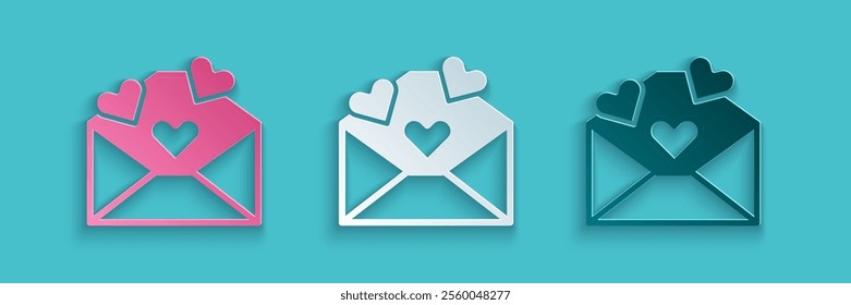 Paper cut Envelope with Valentine heart icon isolated on blue background. Message love. Letter love and romance. Paper art style. Vector