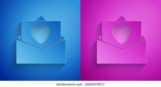 Paper cut Envelope with Valentine heart icon isolated on blue and purple background. Message love. Letter love and romance. Paper art style. Vector