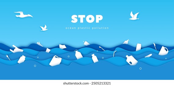 Anuncio del ambiente del corte del papel con el plástico en el mar, el océano contaminado del agua y los desechos, fondo del Vector. Contaminación del mar con plástico, Anuncio Guardar para el planeta, conservación de la ecología y protección de la naturaleza