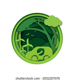 Cortado de papel respetuoso con el medio ambiente con coche ecológico y naturaleza. salvar el medio ambiente natural del planeta hace crecer la ecología de la vida. diseño vectorial.