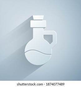Paper cut Essential oil bottle icon isolated on grey background. Organic aromatherapy essence. Skin care serum glass drop package. Paper art style. Vector