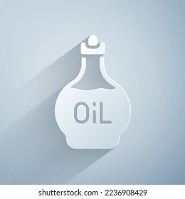 Paper cut Essential oil bottle icon isolated on grey background. Organic aromatherapy essence. Skin care serum glass drop package. Paper art style. Vector