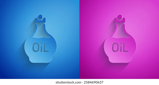 Paper cut Essential oil bottle icon isolated on blue and purple background. Organic aromatherapy essence. Skin care serum glass drop package. Paper art style. Vector