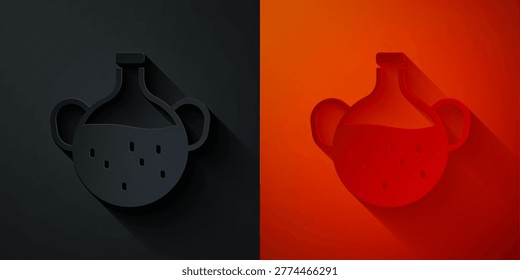 Paper cut Essential oil bottle icon isolated on black and red background. Organic aromatherapy essence. Skin care serum glass drop package. Paper art style. Vector
