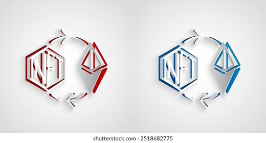 Ethereum de corte de papel troca ícone NFT isolado no fundo cinza. Token não fungível. Conceito de criptografia digital. Estilo da arte do papel. Vetor
