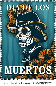 Paper cut ethnic teal retro poster with La Calavera Catrina for Day of the Dead. Dia de los Muertos vintage postcard with Mexican skeletal woman wearing a hat surrounded by marigold flowers