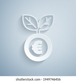 Paper cut Euro plant icon isolated on grey background. Business investment growth concept. Money savings and investment. Paper art style. Vector