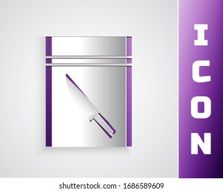 Papierschnitt Beweistasche und Messersymbol einzeln auf grauem Hintergrund. Kunststil aus Papier. Vektorillustration-Illustration